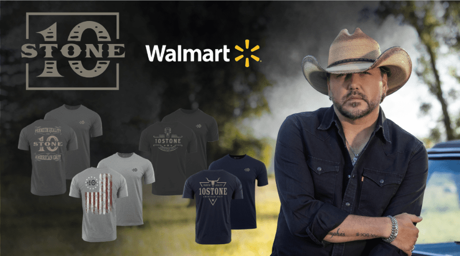 10Stone clothing collection by Jason Aldean showcased in Walmart store with outdoor lifestyle apparel and camo designs