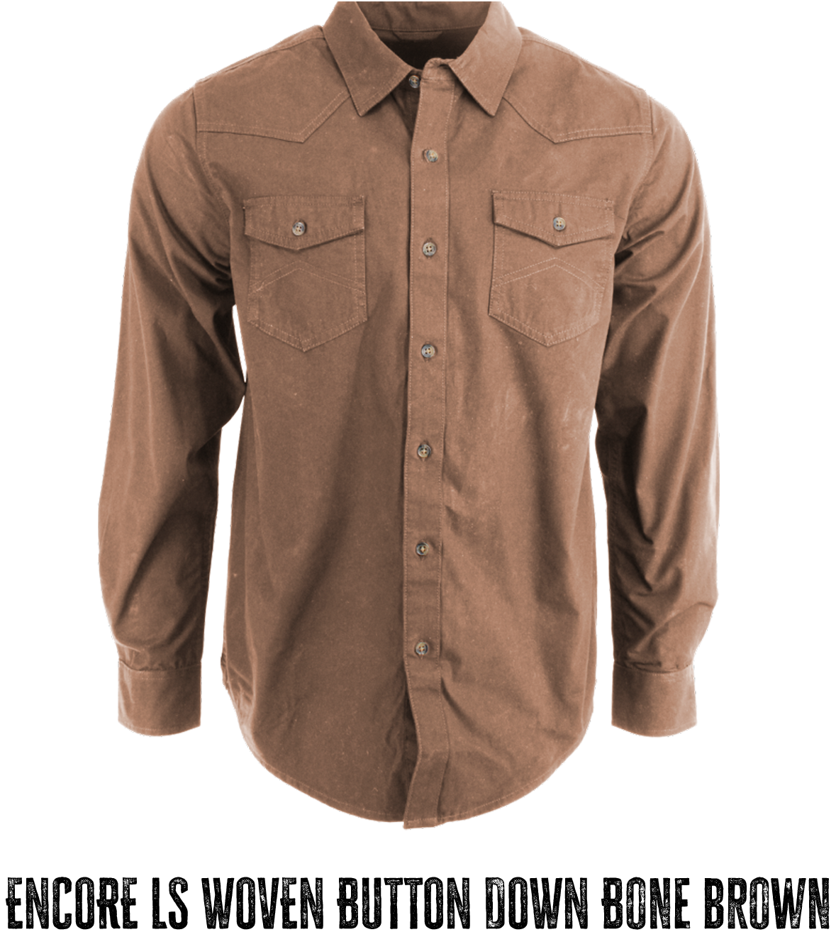 Brown long-sleeve woven button-down shirt with two chest pockets, shown front-facing.
