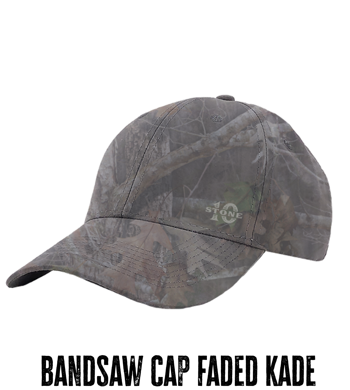 Camouflage baseball cap with a curved brim and a Stone logo on the side, faded look.