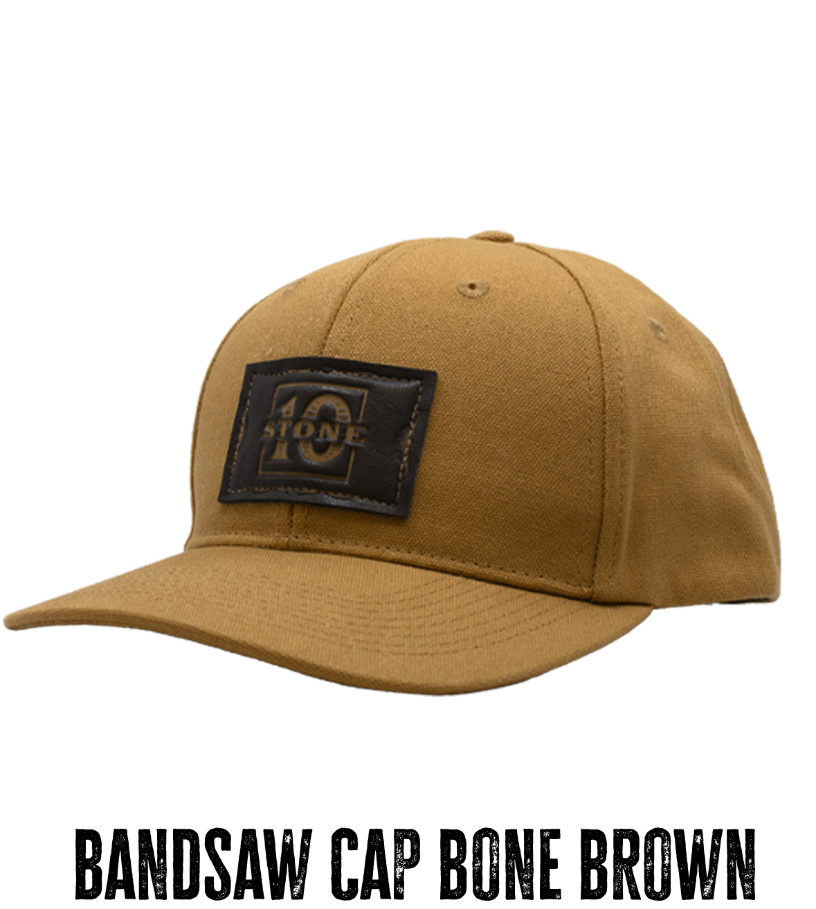 Brown canvas baseball cap with a black Stone patch on the front; caption reads 'BANDSAW CAP BONE BROWN' against a transparent background.