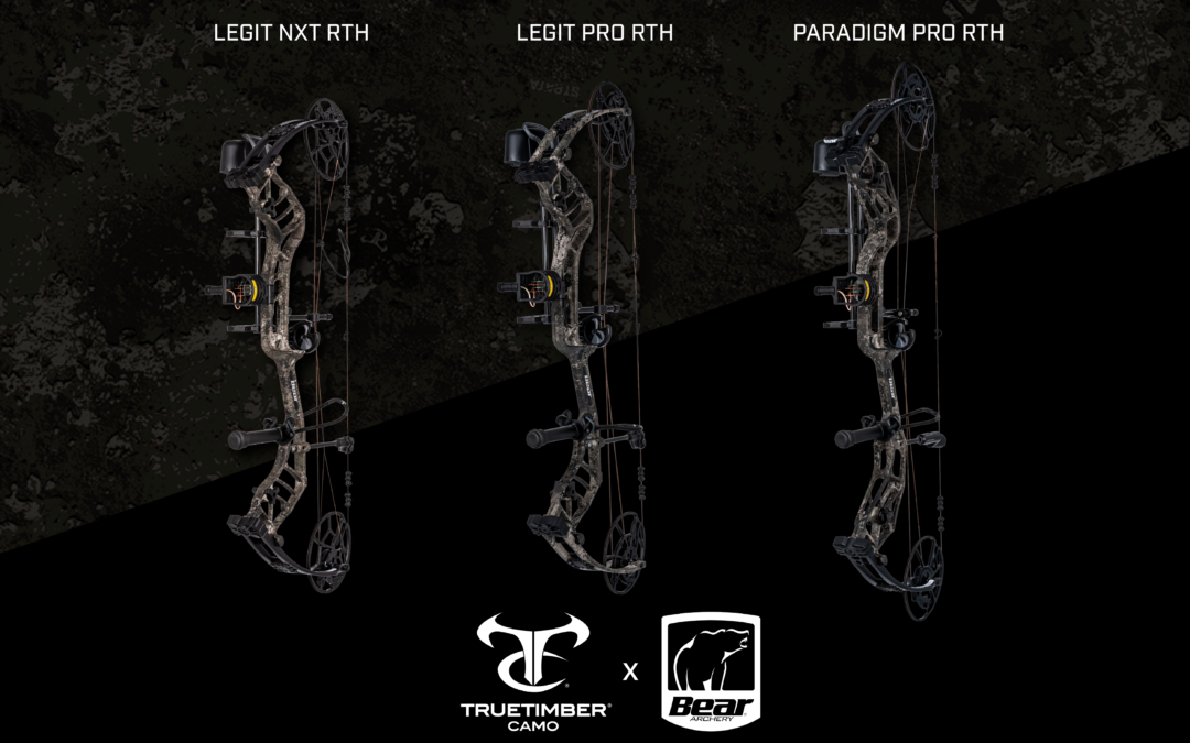 Bear Archery Legit Pro RTH and Legit NXT RTH 2027 compound bows featuring TrueTimber Strata camo.